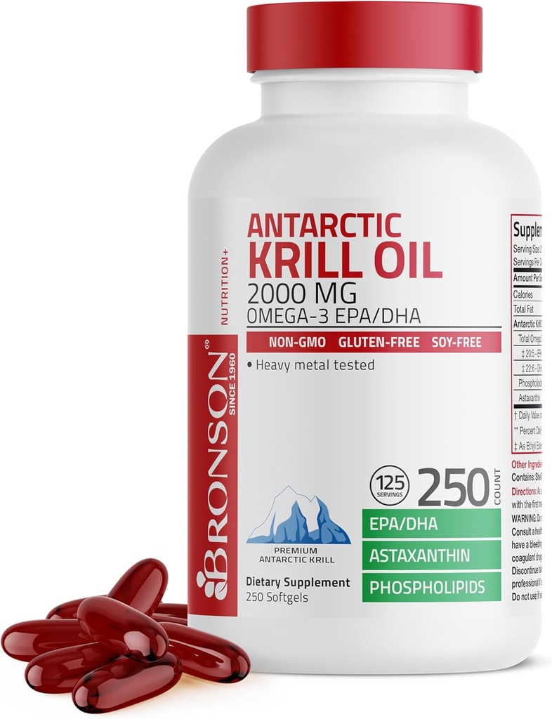 Bronson Antarctic Krill Oil 2000 mg with Omega-3s EPA, DHA, Astaxanthin and Phospholipids, 250 Softgels (125 Servings)