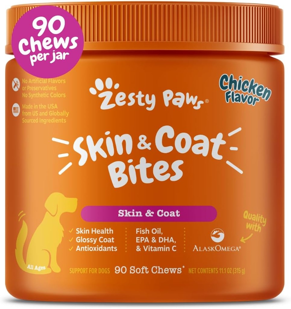 Zesty Paws Omega 3 Alaskan Fish Oil Chew Treats for Dogs - with AlaskOmega for EPA & DHA Fatty Acids - Hip & Joint Support + Skin & Coat Chicken Flavor (90 Soft Chews)