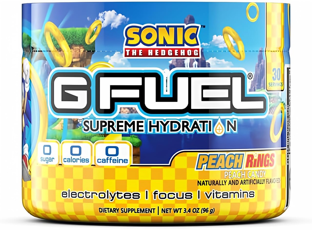 G Fuel Sonic's Peach Rings Supreme Hydration, Electrolyte Powder Mix for Energy & Focus, Sugar and Caffeine Free Supplement with Essential Vitamins & Minerals, Peach Rings Flavor, 3.4 oz - 30 Servings