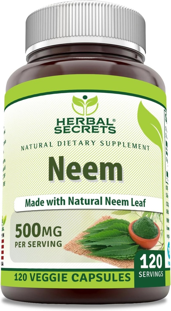 Herbal Secrets Neem Supplement | 500 Mg Per Serving | 120 Veggie Capsules | Non-GMO | Gluten Free | Made in USA