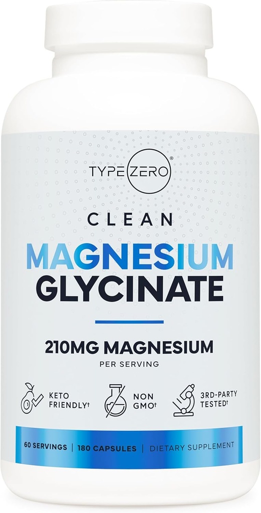 Type Zero Magnesium Glycinate (210mg | 180 Capsules) Pure, Non-GMO, Gluten Free, Natural High Absorption Magnesium Supplement