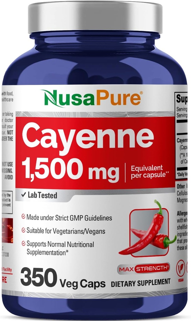 NusaPure Cayenne Pepper 1500mg Per Caps, 350 Veggie Capsules Vegan Vegetarian, Non-GMO