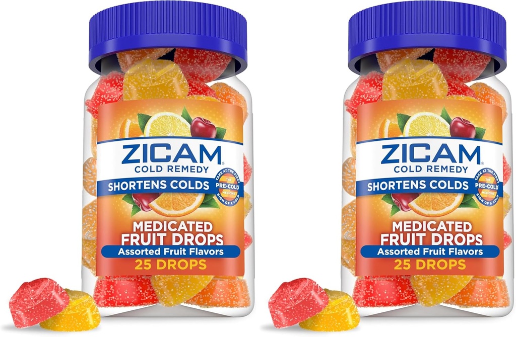 Zicam Cold Remedy Zinc Medicated Fruit Drops, Assorted Flavors, Homeopathic, Cold Shortening Medicine, Shortens Cold Duration, 25 Count (Pack of 2)