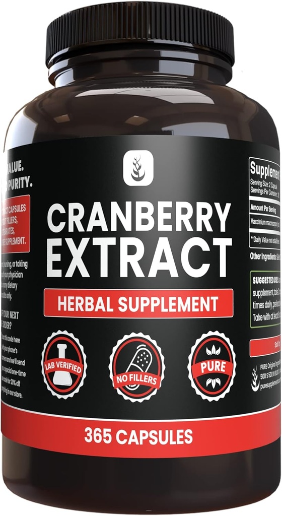 PURE ORIGINAL INGREDIENTS Cranberry Extract (365 Capsules) No Magnesium Or Rice Fillers, Always Pure, Lab Verified
