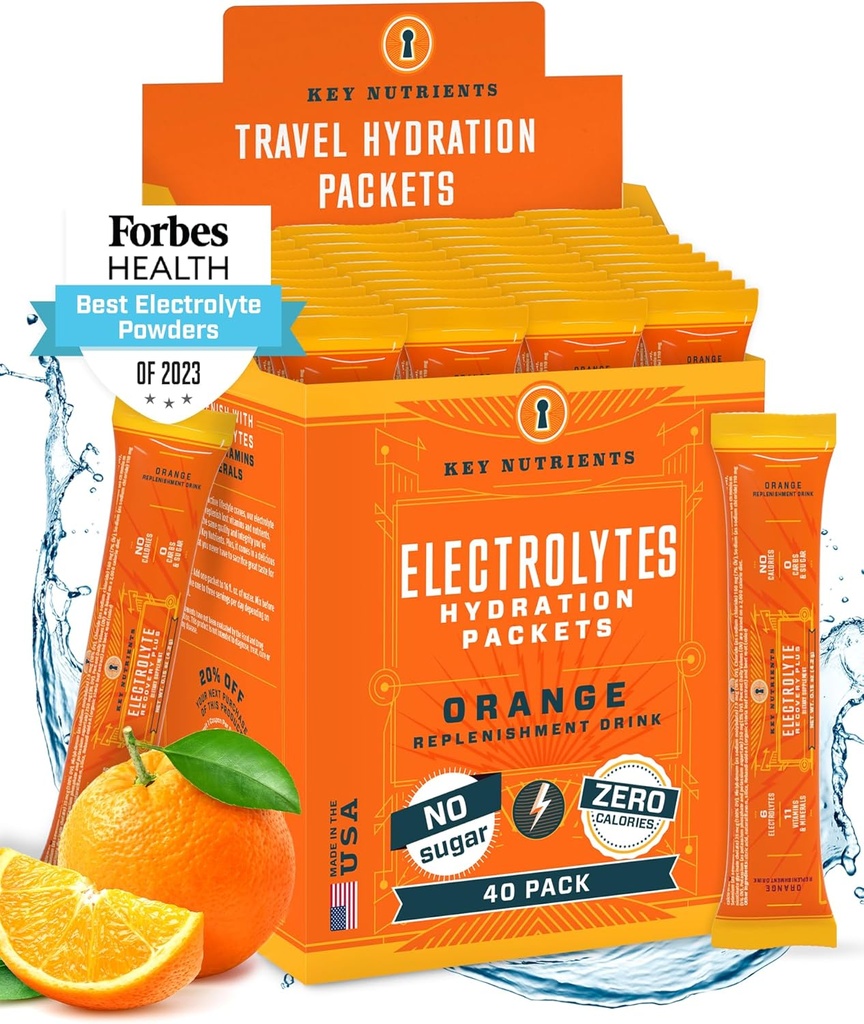 KEY NUTRIENTS Electrolytes Powder Packets - Tangy Orange 40 Pack Hydration Packets - Travel Hydration Powder - No Sugar, No Calories, Gluten Free - Made in USA
