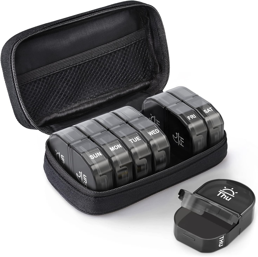 AUVON Canvas Bag Travel Pill Organizer 2 Times a Day, Large AM/PM Weekly Pill Box 7 Day Pill Case with Portable Black Zipper Cloth Bag for Holding Supplements, Vitamins and Fish Oils