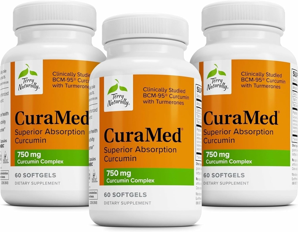 Terry Naturally CuraMed 750mg - Antioxidant Supplement for Brain & Heart Health - Supplement with High-Potency Curcumin Complex - Kidney, Liver & Immune Health Support - 60 Softgels (Pack of 3)