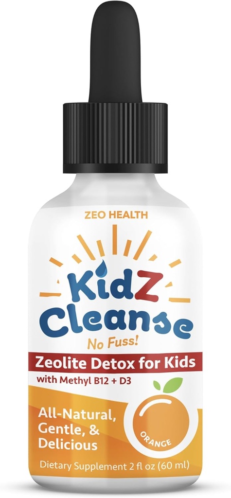Kidz Cleanse | Zeolite Detox for Kids | Development, Behavior, Energy and Gut Health Support Supplement | Easy to Take, Pure Liquid Zeolite Drops + Methyl B12 + D3 (Orange Flavor) - 2oz