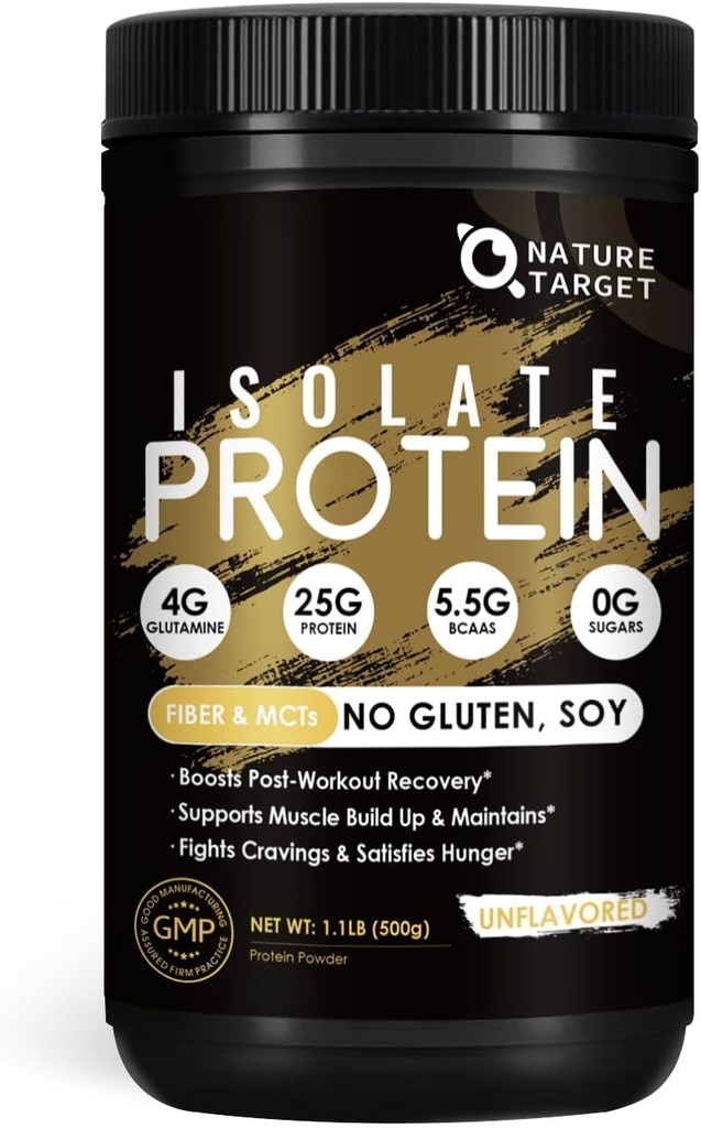 NATURE TARGET Whey Isolate Protein Powder, Unflavored, 25g Protein, Low Carb Protein Powder, Sugar-Free, for Men & Women, 5.5g BCAAs, Rich in Fibers & Minerals, 1.1 Pound (500g)