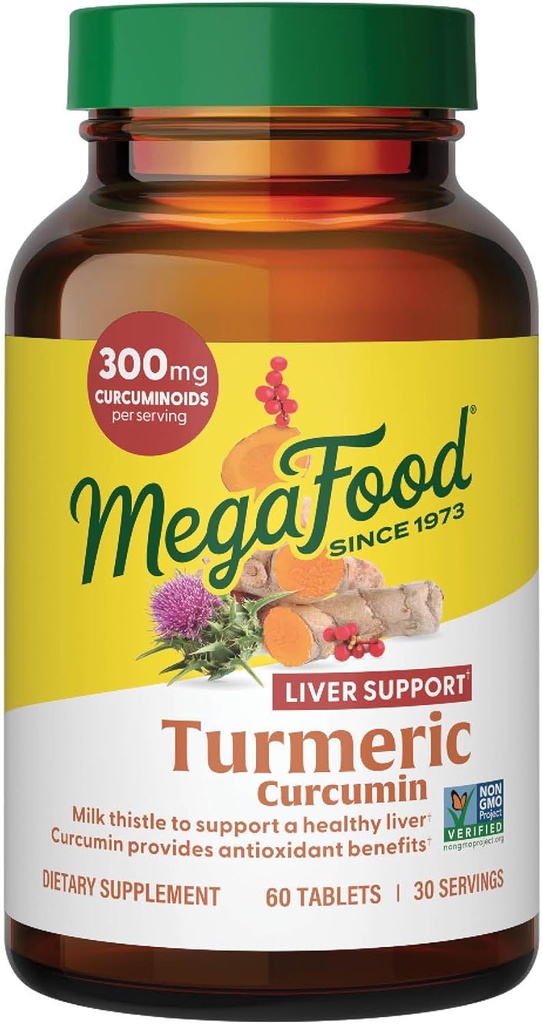 MegaFood Turmeric Curcumin Supplement for Liver Support - Turmeric Supplement with Black Pepper & Milk Thistle - 300mg Curcuminoids Per Serving - Vegan, Gluten Free, NonGMO - 60 Tablets, 30 Servings
