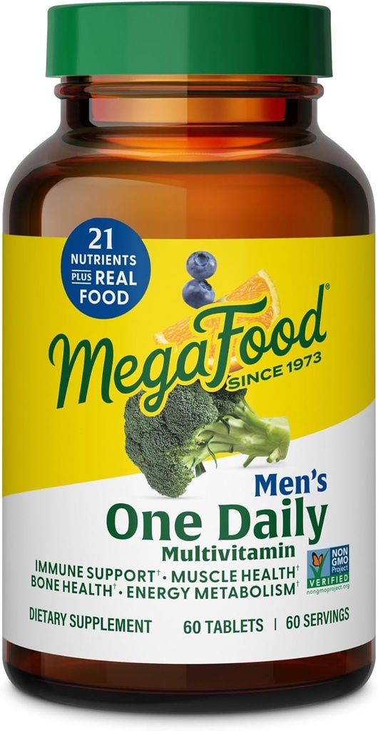 MegaFood One Daily Mens Multivitamins - Multivitamin for Men - Vitamin C, Vitamin D3 & Vitamin B12 - Muscle, Energy Metabolism & Immune Support - Vegetarian, Gluten Free - 60 Tablets, 60 Servings