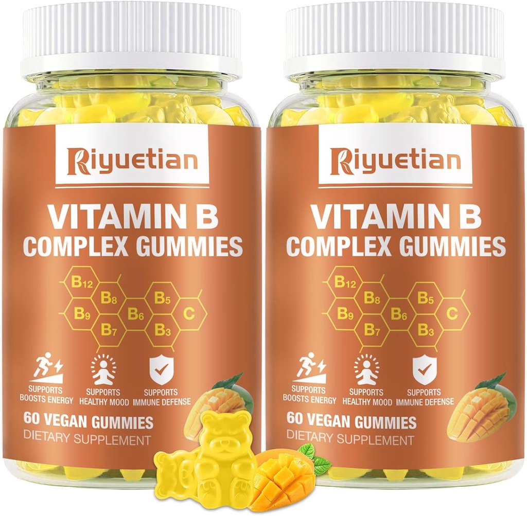 Vitamin B Complex Gummies with Biotin,Choline + Inositol, Vitamin C + Zinc for Supports Energy, Brain, Mood, Immune, Healthy Hair, Skin - Natural Mango Flavor - Vegan Diet - 120 Vegan