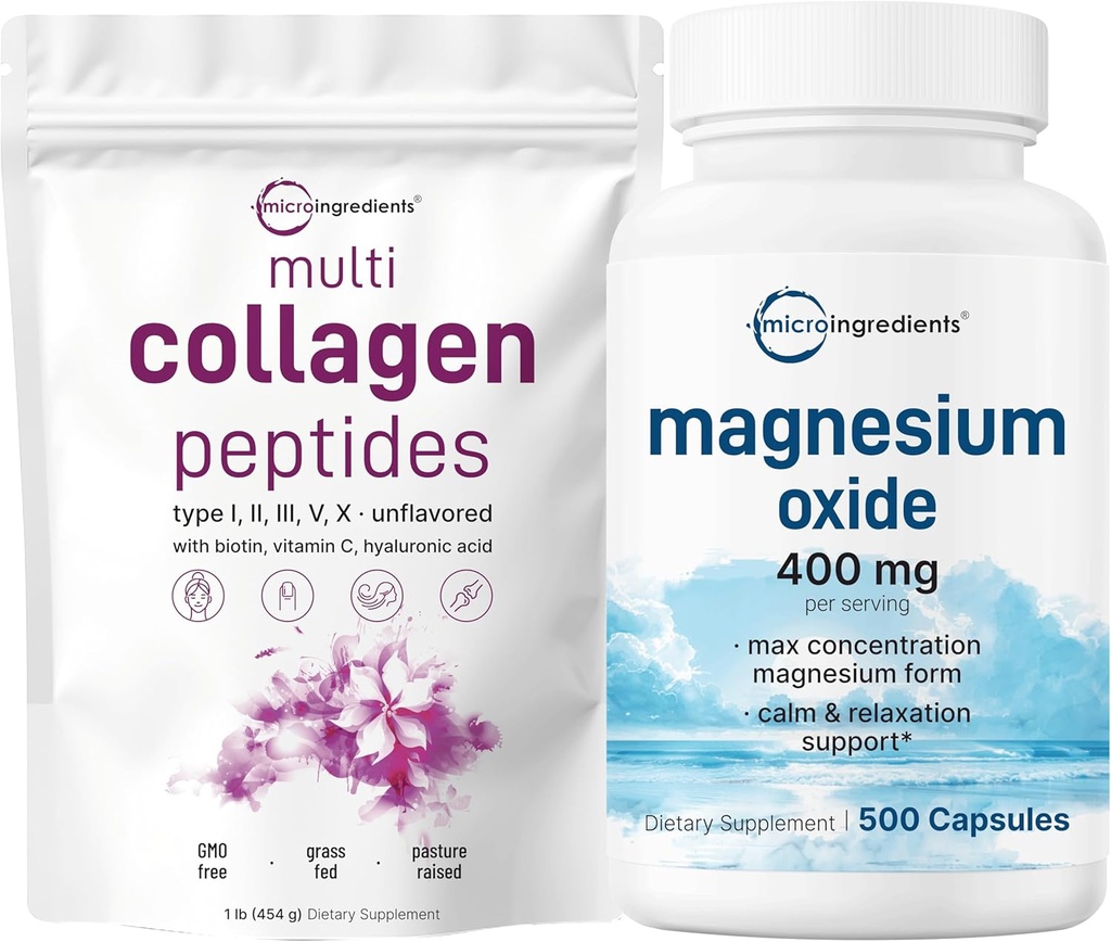 Micro Ingredients Multi Collagen Protein Powder 16oz & Magnesium Oxide 400mg Bundle Pack | Grass-Fed Collagen Peptides | Elemental Form for Max Concentration