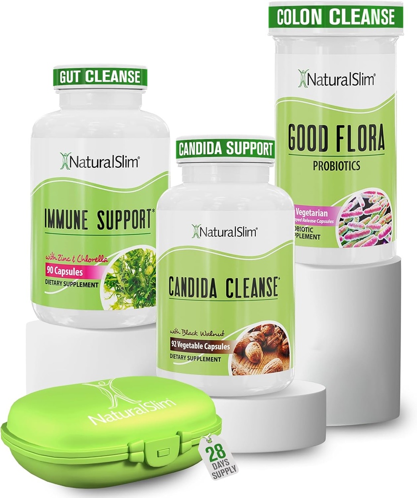 NaturalSlim Candida Cleanse Support Supplements Bundle - Candiseptic Kit Anti Overgrowth, Gut & Colon Cleansing 242 Capsules Total - 28 Days Cleansing Program Formulated by Frank Suarez (1 Pack)
