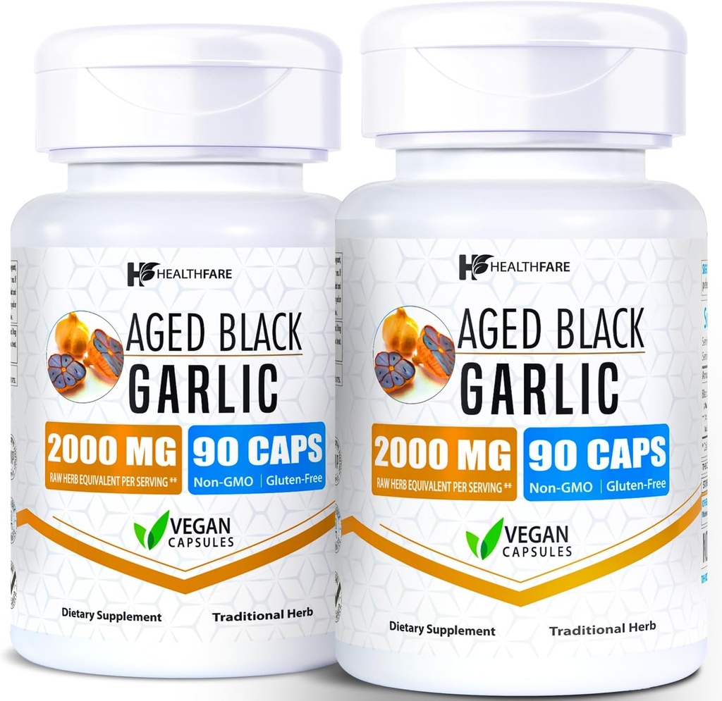 Healthfare Aged Black Garlic Supplement Pills | 2000mg Equivalent | 2 Bottles, 180 Vegan Capsules | Fermented Odorless Garlic Extract | Non-GMO, Gluten-Free | Made in USA