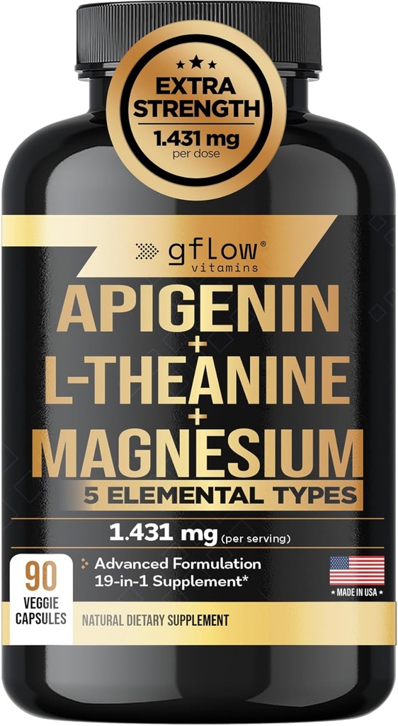 Apigenin Supplement for Sleep with Magnesium Glycinate Complex and L-theanine Supplement - 19 in 1, Ashwagandha L Tryptophan 5-HTP GABA Phosphatidyl Serine, Chamomile | Made in USA