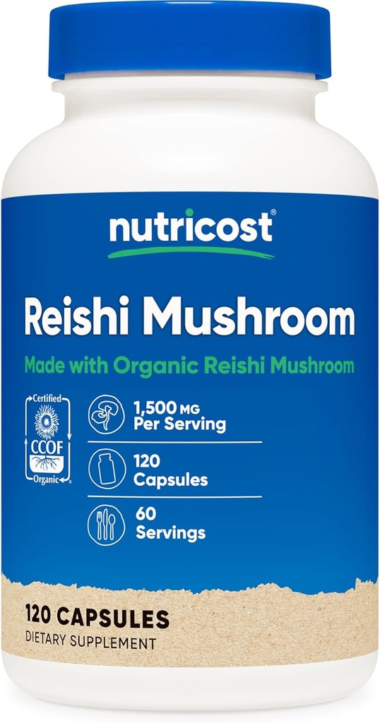Nutricost Reishi Mushroom Capsules 1500mg, 60 Servings - CCOF Certified Made with Organic Reishi Mushroom, Vegetarian, Gluten Free, 750mg Per Capsule, 120 Capsules