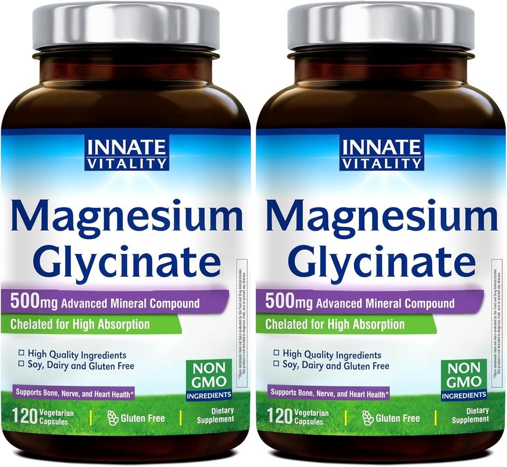 Innate Vitality Magnesium Glycinate 500mg | 70mg Elemental Magnesium Supplement- High Absorption, Non-GMO & No Gluten - Supports Nerve, Bone & Heart Health - 240 Vegan Capsules Magnesio