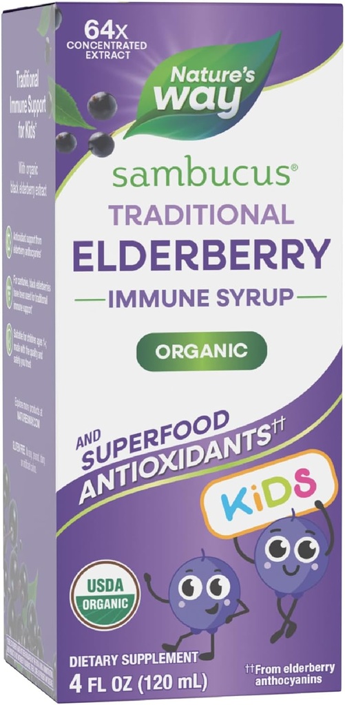 Nature’s Way Sambucus Traditional Elderberry Immune Syrup for Kids, Concentrated Black Elderberry Extract, Traditional Immune Support*, with Superfood Antioxidants(1), 4 Fl Oz (Packaging May Vary)