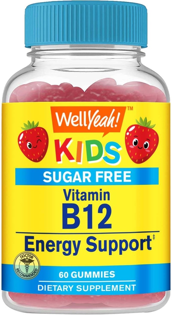 WellYeah Kid's Vitamin B12 1000mcg Sugar Free Gummies | Dietary Supplement | for Energy and Metabolism Support | Strawberry Flavor | 60 Count