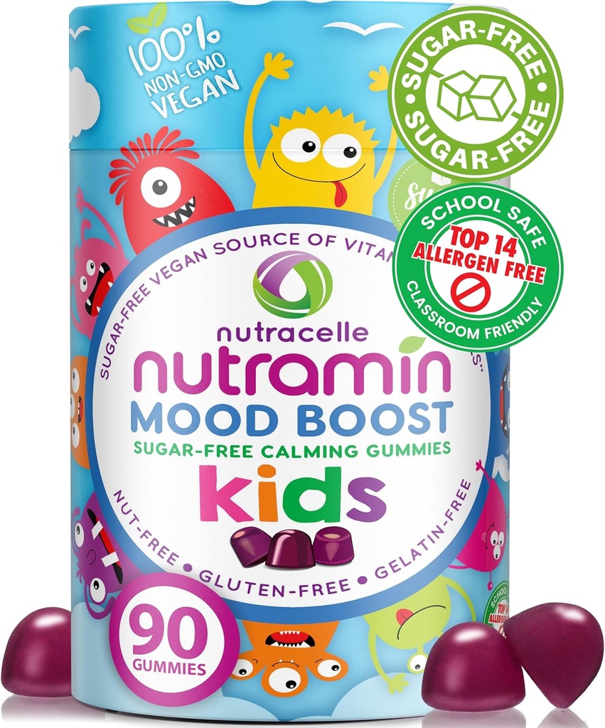 NUTRAMIN Kids Mood Boost Vegan Vitamin Gummy: Calming Magnesium Citrate Supplement for Children with Ashwagandha & Vitamin B Complex to Relax & Focus - Sugar-Free, Allergy-Safe, Non-GMO 90 ct
