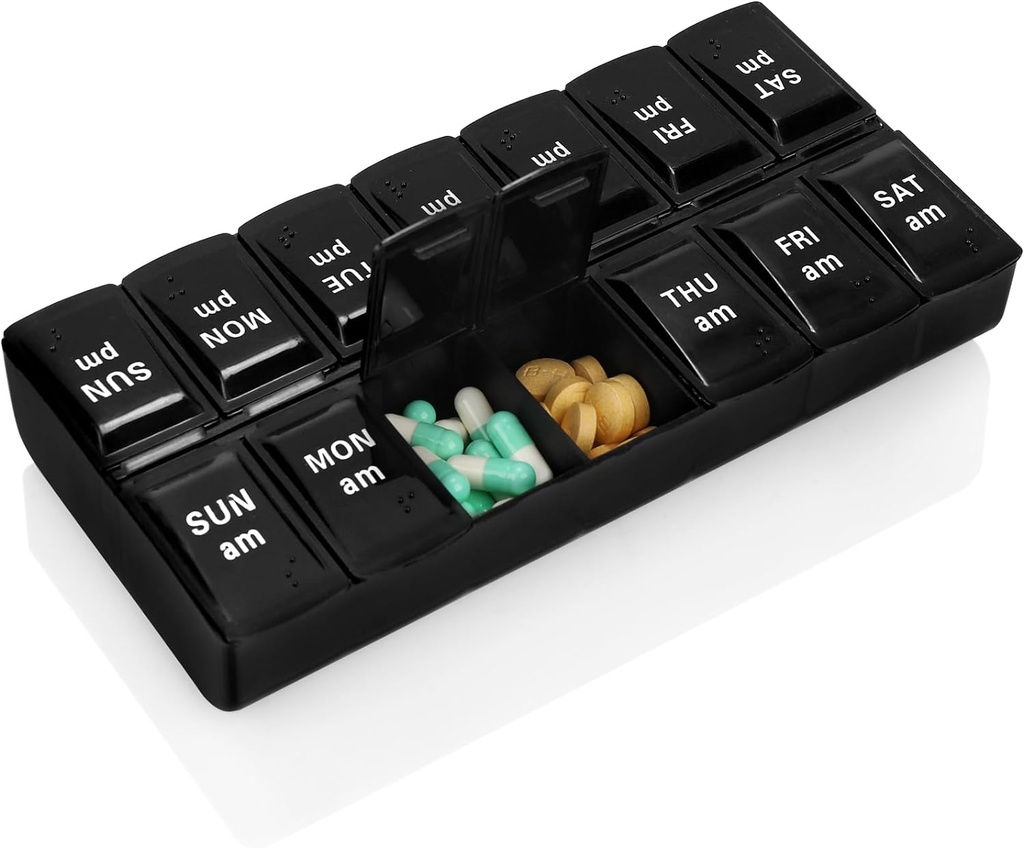 Weekly Pill Organizer 2 Times A Day 7 Day Pill Box Holder Large Daily Medicine Organizer Travel Pill Case Pill Container (2 Times Black)