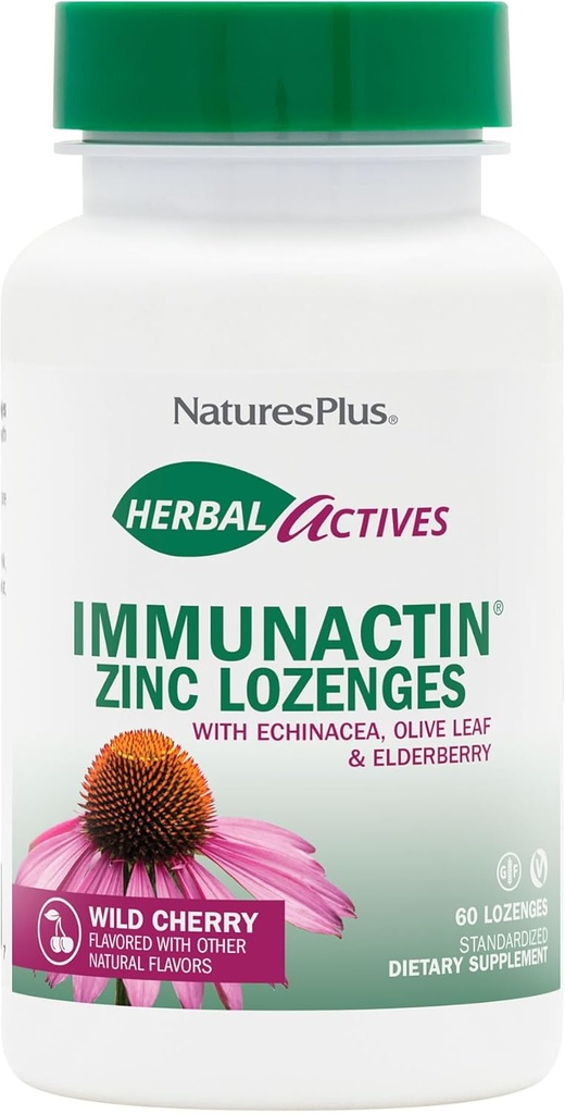 NaturesPlus Herbal Actives ImmunActin Zinc Lozenges - 10 mg Zinc, 60 Vegan Lozenges - Wild Cherry Flavor - Immune Booster with Echinacea & Elderberry - Vegetarian, Gluten-Free - 60 Servings