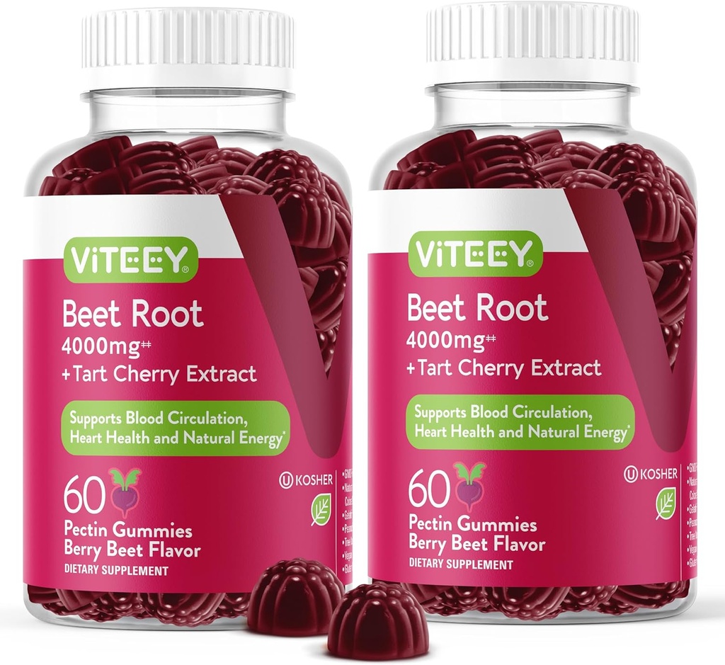 Viteey Beet Root Gummies with Tart Cherry - Beetroot Supplement for Heart Health, Blood Pressure Support - Vegan, Gluten-Free - 120 Count