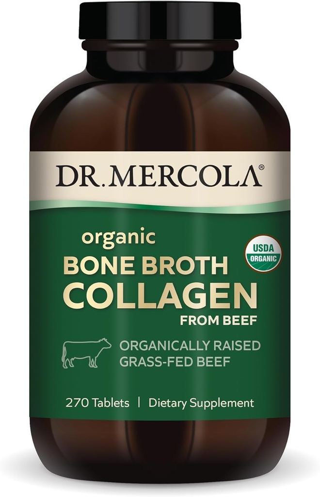 Dr. Mercola Organic Bone Broth Collagen, 90 Servings (270 Tablets), Organically Raised Grass-Fed Beef, Dietary Supplement, Supports Bone and Joint Comfort, USDA Organic, Non-GMO