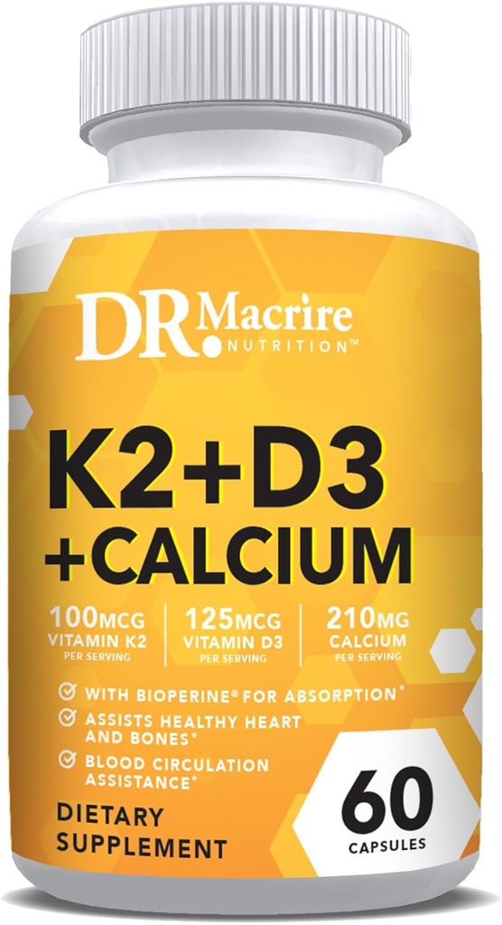 Vitamin D3 K2, 5000 IU Vitamin D3 and 100mcg K2 with Calcium for Bone, Muscle and Immune Support Supplement, Black Pepper Extract, Non-GMO Formula, 60 Capsules.