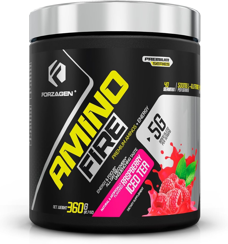 Forzagen Amino Fire | Essential Amino Energy Powder for Pre-Workout | BCAA Energy Boost & Muscle Recovery Drink Mix, Enhance Focus & Concentration, Dietary Supplement | Raspberry Ice Tea, 40 Servings
