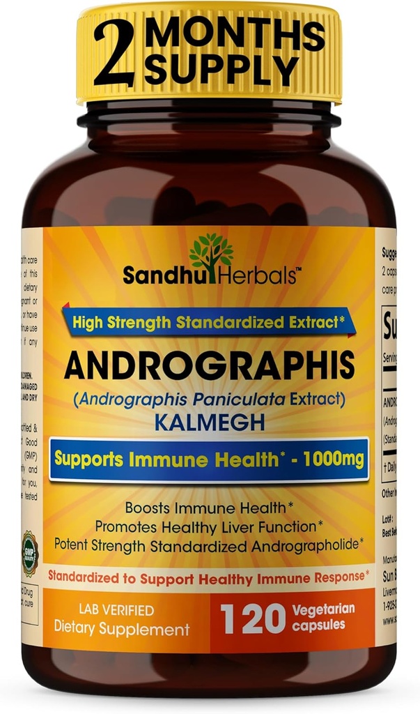 SANDHUHERBALS Sandhu Herbals Andrographis Paniculata Kalmegh for Immune and Liver Health Support| 120 Vegetarian Capsules, 2 Months Supply| Ayurvedic Herbal Vegetarian Supplement Complex