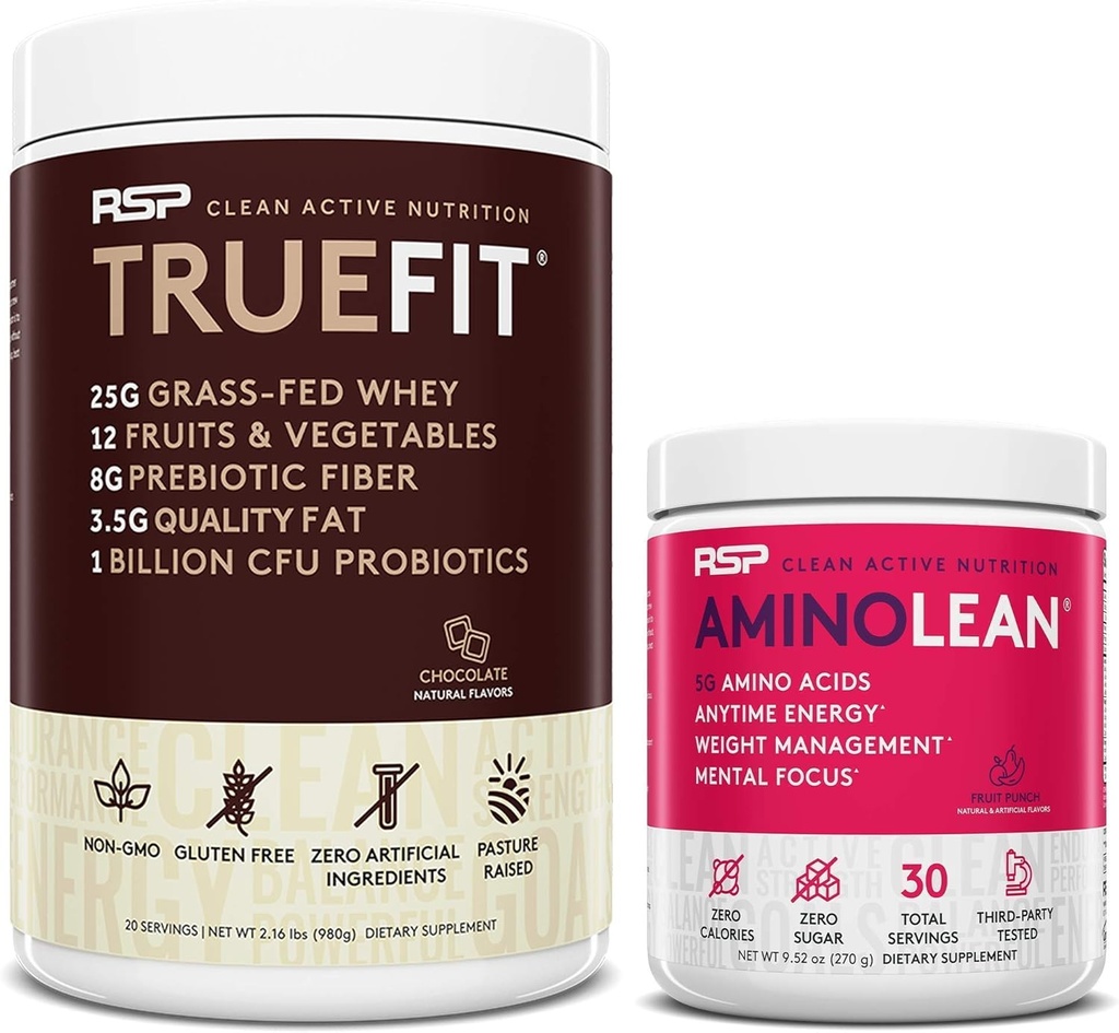 RSP NUTRITION AminoLean Pre Workout Energy (Fruit Punch 30 Servings) with TrueFit Protein Powder (Chocolate 2 LB)