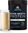 Ancient Nutrition Grass Fed & Cage Free Bone Broth Protein Powder, 20g Protein Per Serving, Hydrolyzed Collagen Peptides, Glucosamine, Chondroitin, Supports Joint & Gut Health, Pure, 20 Servings