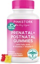 Pink Stork Fertility + Prenatal + Postnatal Gummy Vitamins – Full Motherhood Journey Support – Multivitamin with Folate, B Vitamins, Zinc & Biotin – Postpartum Essentials - 60 Assorted Fruit Gummies