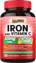 Iron Supplement, 65mg Carbonyl Iron with 250mg Vitamin C, Stomach Friendly Iron Pills for Blood Building Women & Men, High Absorption, No Nausea, No Constipation, Non-GMO, No Gluten, 180 Vegan Tabs