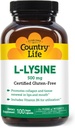 Country Life L-Lysine 500mg with B-6, Supports Immune Health, Promotes Collagen Renewal in Lips and Mouth, 100 Vegan Capsules, Certified Gluten Free, Certified Vegan