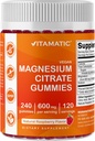 Vitamatic Magnesium Citrate Gummies 600mg per Serving - 240 Vegan Gummies - Natural Raspberry Flavor - High Absorption Magnesium Supplement - Supports Nerve, Bone and Muscle Health