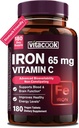Iron Supplement for Women Men, High Potency Iron 65mg with Vitamin C 250mg, Stomach Friendly Iron Pills for Red Blood Cell & Immune Support, Non-GMO & Gluten Free,180 Vegan Tablets