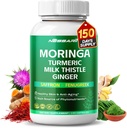 Moringa Supplement - 10-in-1 Natural Blend with Turmeric Milk Thistle Ginger Saffron Fenugreek Holy Basil Ceylon Cinnamon - 150 Count - Made & Tested in The USA
