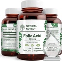 Natural Nutra Folic Acid Folate Vitamin B9 Supplement, Prenatal Vitamin for Heart and Cardiovascular Health, Red Blood Cell Formation, Vegetarian and Gluten Free Supplements, 800 mcg, 100 Tablets