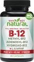 Why Not Natural Vitamin B12 5000 mcg Supplement with Methylcobalamin, Adenosylcobalamin and Hydroxy B12 Complex with Methylfolate 1000 mcg, L-5-MTHF, Made with Organic Spirulina