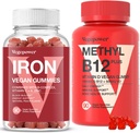 Vegan Iron Gummies + vitamin B12 gummy | Iron Supplement Support Blood Builder & Daily Energy for Adults & Kids | Methyl B12 1000 mcg & Vitamin D 5000 IU for Energy and Immune Support - 90 Count