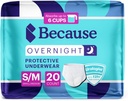 Because Overnight Absorbency Pull Ups - Adult Disposable Incontinence Underwear, Extra Absorbent Nighttime Briefs for Men and Women, White, Small/Medium, 20 Count