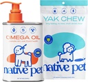 Native Pet Omega Oil for Dogs - Fish Oil Supplements 8 Oz & 5 Small Yak Chews for Dogs | Pasture-Raised and Organic Yak Cheese Himalayan Churpi Sticks