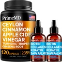 4-in-1 Liquid Biotin Collagen Keratin Saw Palmetto Drops (2 fl oz - 2 Pack) & 5-in-1 Ceylon Cinnamon w Turmeric & Ginseng Root (120ct) Bundle - Hair, Skin, Nails, & Immune Support Supplement
