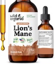 Wild & Organic Lions Mane Liquid Drops - Focus & Brain Support - Lions Mane Supplement - Hericium Erinaceus Mushroom Extract Tincture - Vegan, Alcohol & Sugar-Free - 2 fl oz
