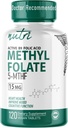 Nutri 5-MTHF L Methylfolate 15MG - 4 Month Supply, 120 Vegan Tablets - Methylated Folate Supplement - Cognitive Function, Heart Health, Prenatal Support - Methylated Folic Acid - 3rd Party Tested