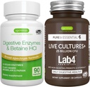 Live Cultures+ Lab4 Probiotics + Advanced Digestive Enzymes & Betaine HCl Vegan Bundle, Complete Digestive Health Support with 25 Billion CFU Probiotic, Non-Bloating Prebiotic, by Igennus