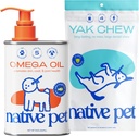 Native Pet Omega Oil for Dogs - Dog Fish Oil Supplements 8 Oz & 3 Large Yak Chews for Dogs | Pasture-Raised and Organic Yak Cheese Himalayan Churpi Chews